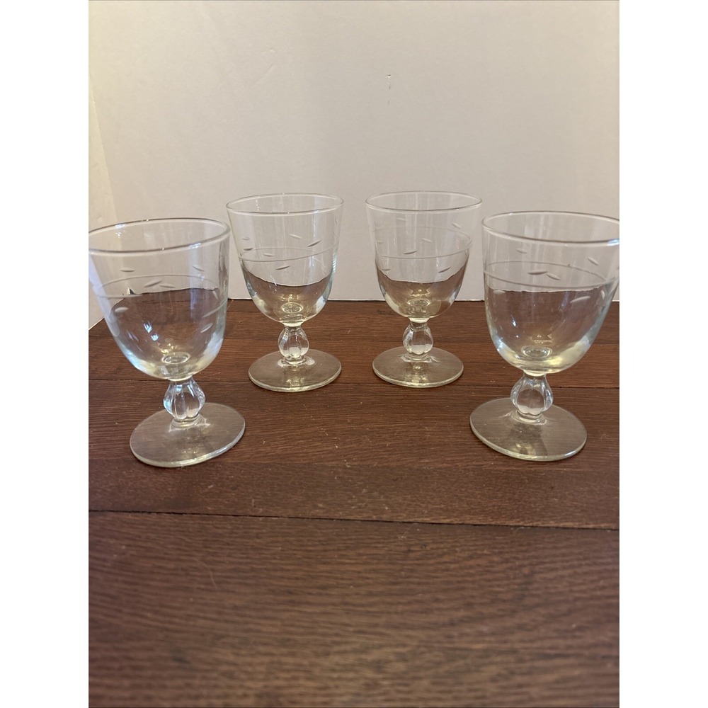 Vintage Etched Glass Stemmed Goblets Set of 4 Clear Wheat Pattern Wine Glasses